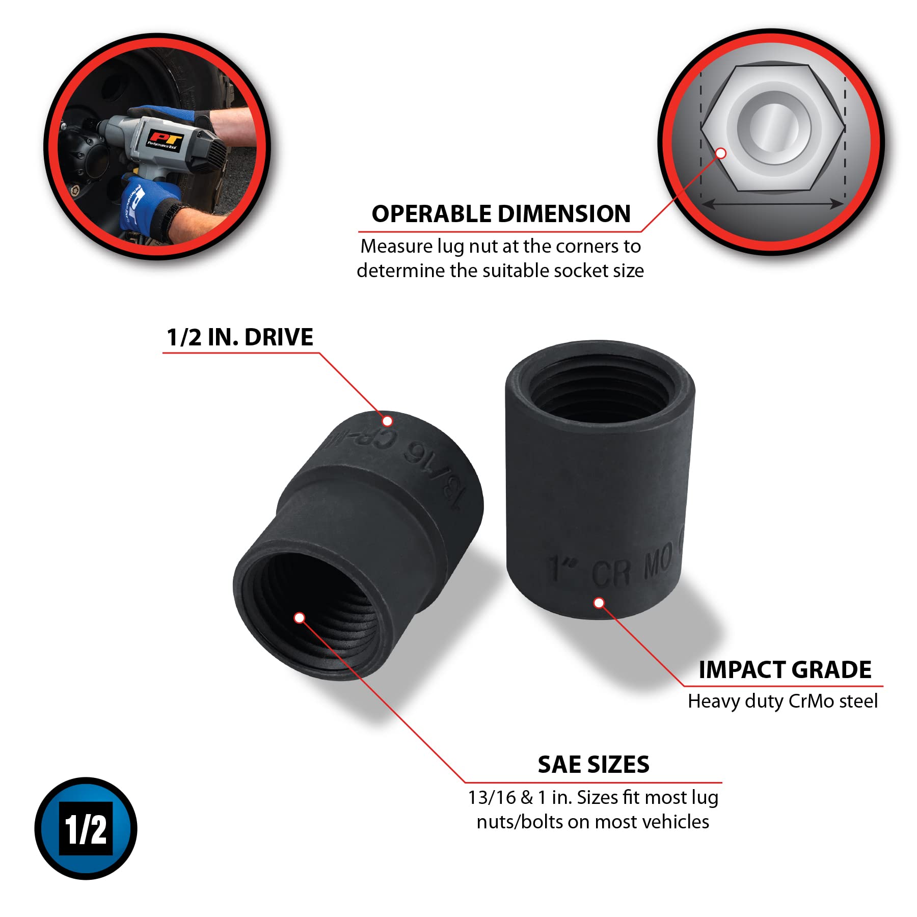 Performance Tool M980 Emergency Lug Nut Removal Set, Black