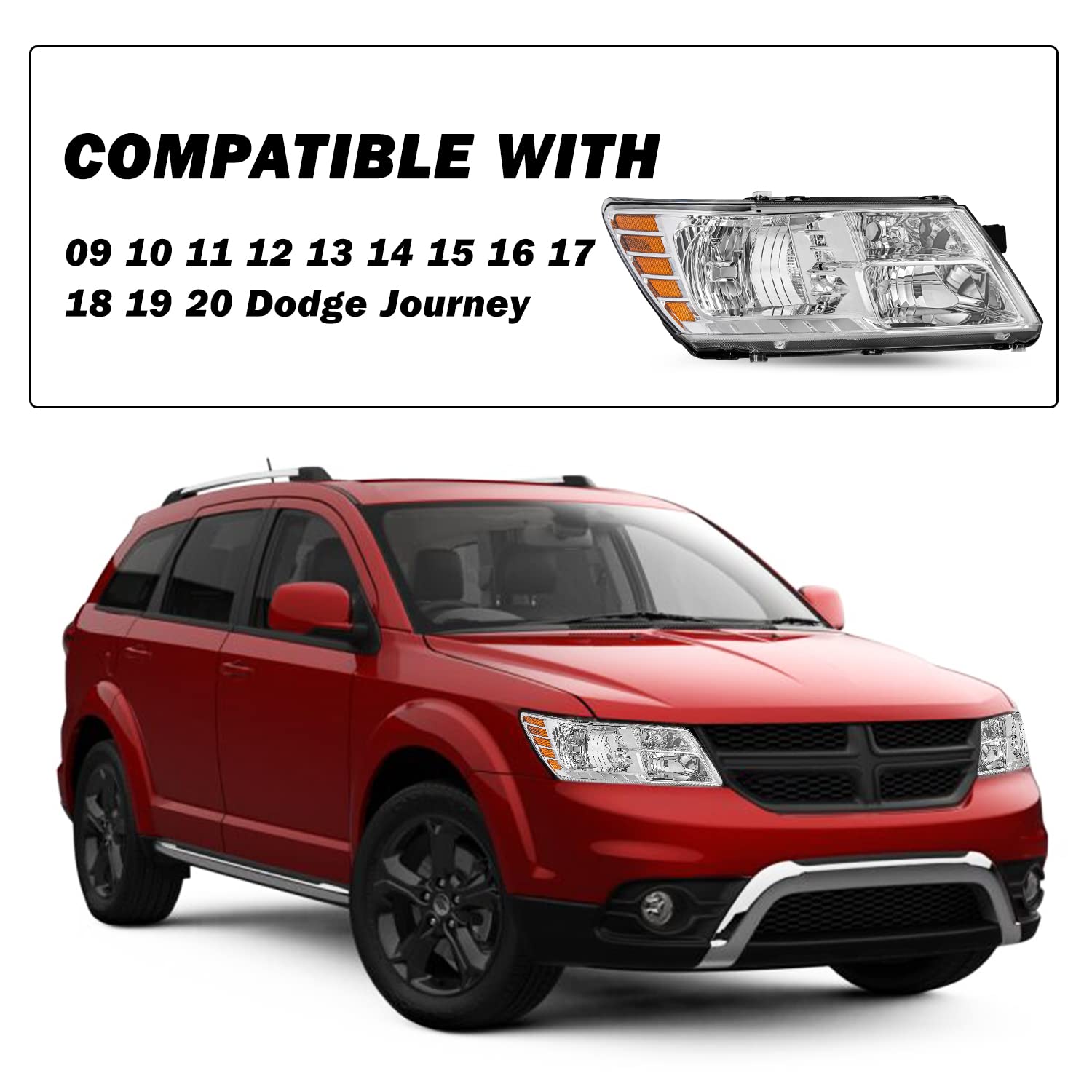Sockir Headlight Assembly Fit For 2009-2020 Dodge Journey Headlamp Replacement Chrome Housing With Amber Reflector Right Passenger Side