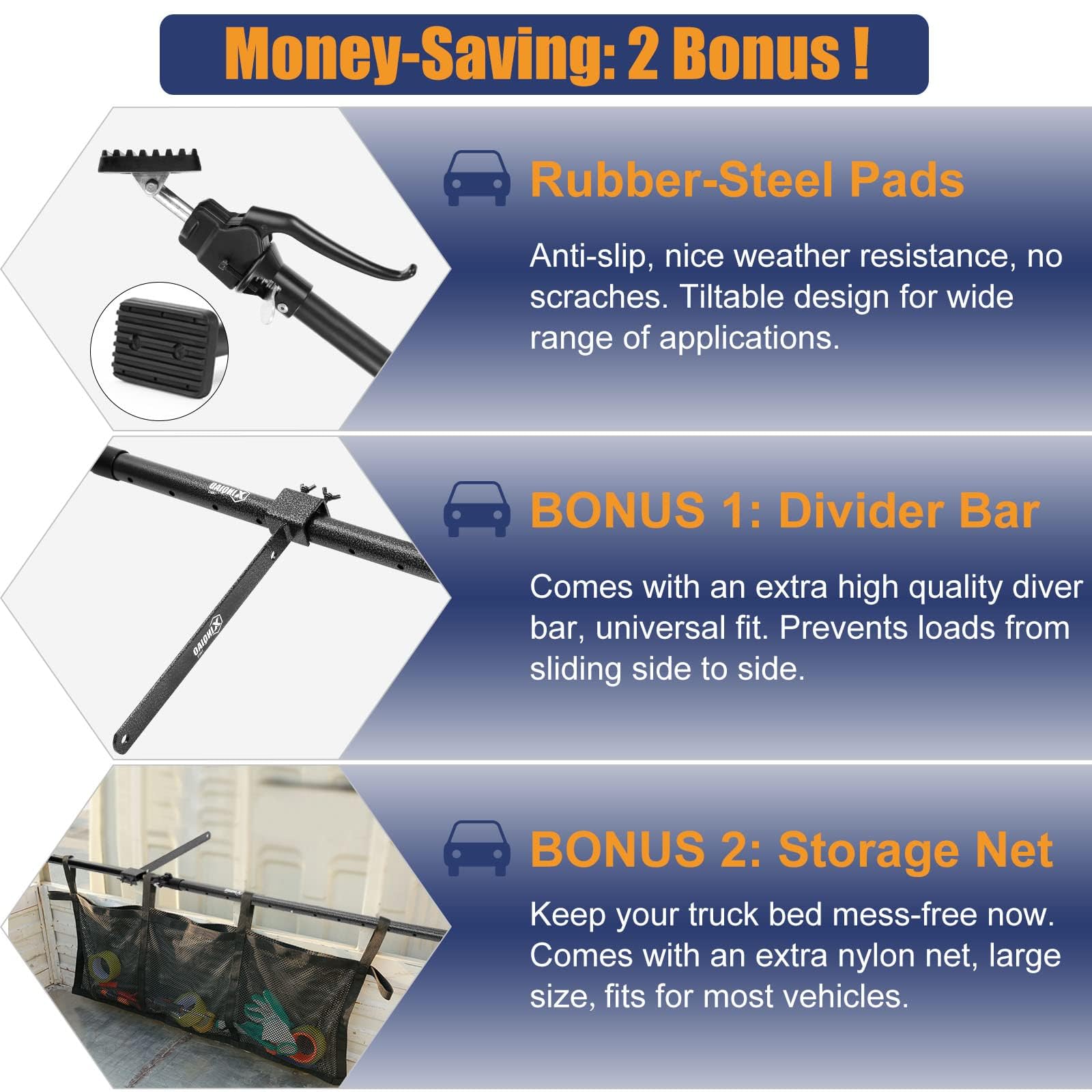 XINQIAO Cargo Bar for Pickup Truck Bed, Premium Universal Truck Cargo Bar with Cargo Net and Divider Bar, 200 LB Capacity, Also