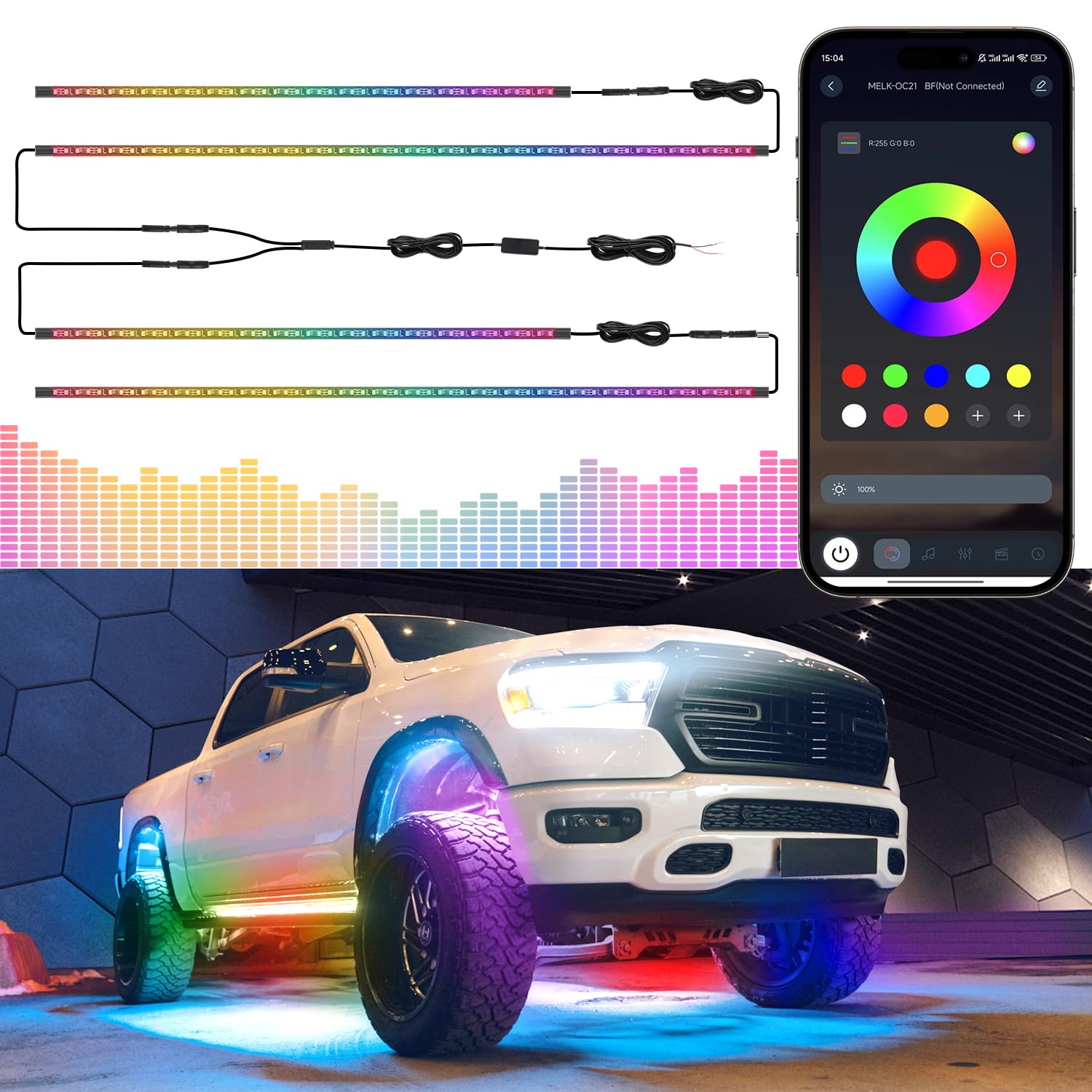 Livtee Underglow Led Lights Kit, Rgb Strip Lights With App Control For Music And Diy Modes, Under Glow Kit For Cars, Vans, Suvs,