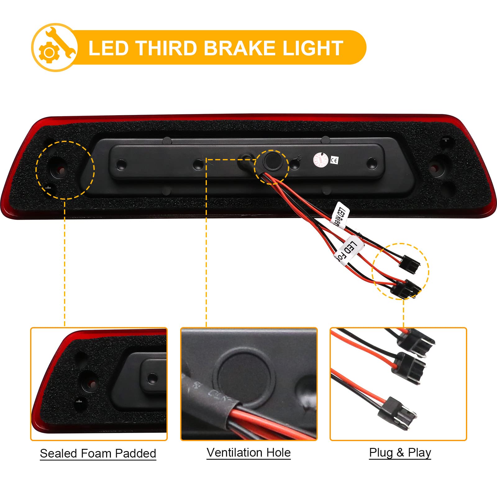 R&F Auto Led Clear Red Lens 3Rd Brake Light Replacement For F150 (2009-2014) High Mount Stop Lamp Tail Rear Cab Roof Cargo Lights With Seal Foam Gaskets