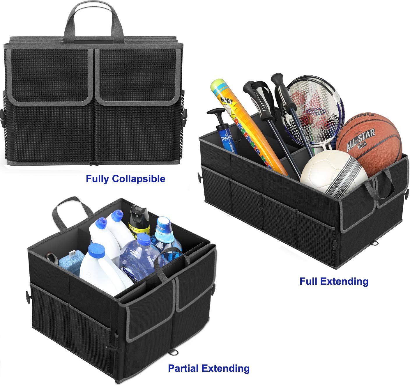 Epauto Foldable Car Trunk Organizer, 3-Compartment With Removable Divider, Black