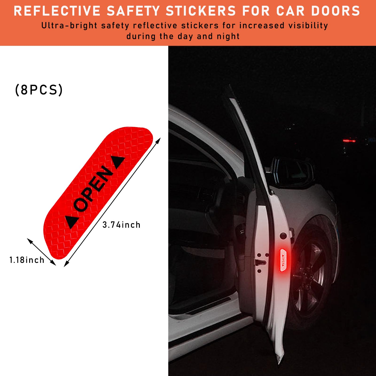 Ziciner 8 Pcs Car Door Open Reflective Stickers, Night Visibility Safety Warning Auto Anti-Collision Protective Strip, Universal