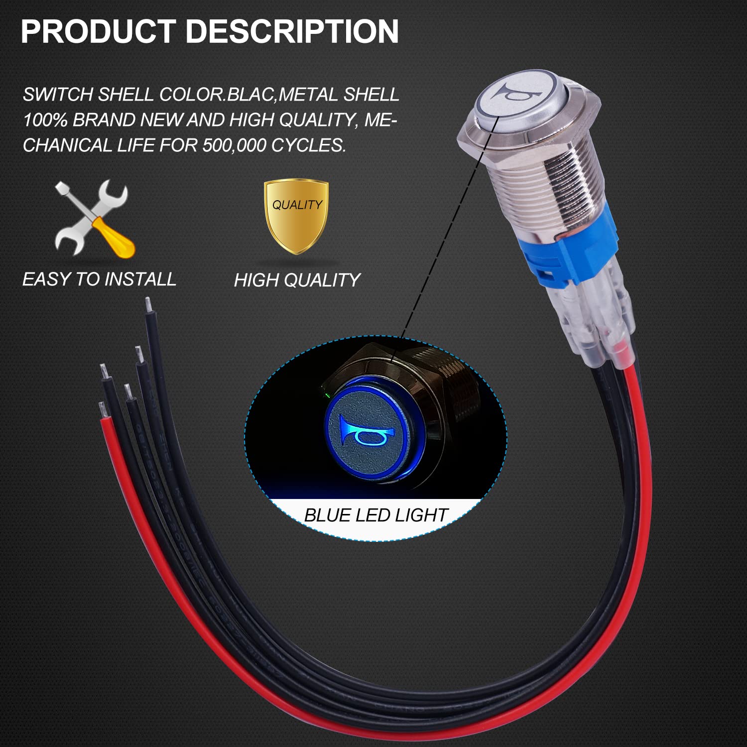 Twidec/16Mm Raised Speaker Horn Momentary Push Button Switch 5/8'' Mounting Hole 12V Blue Led Light Silver Stainless Steel Shell