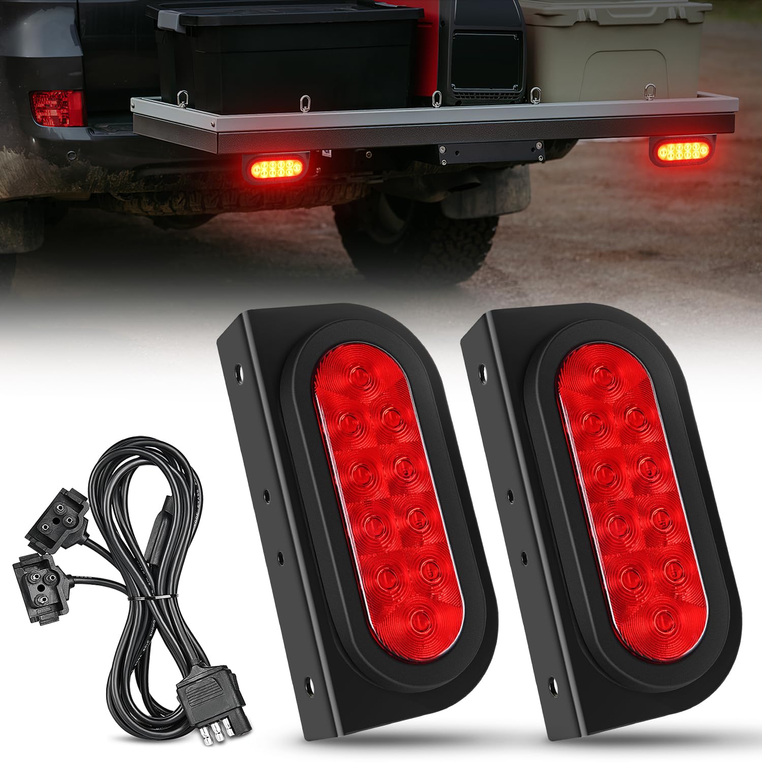 Nilight Hitch Cargo Carrier Oval Light Kit 2Pcs 6Inch Red W/Flush Mount Grommet Bracket Harness Waterproof Stop Turn Signal Tail