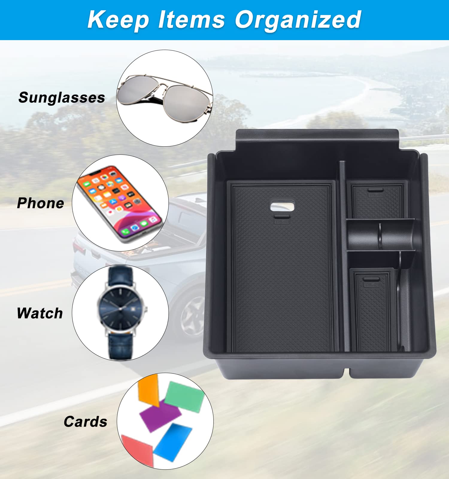 Pimcar Compatible With 2022-2024 Hyundai Tucson Limited/Tucson Hybrid Sel(Automatic Transmission Only)& 2022-2024 Santa Cruz Center Console Organizer Armrest Box Insert Tray Accessories -Black Mat