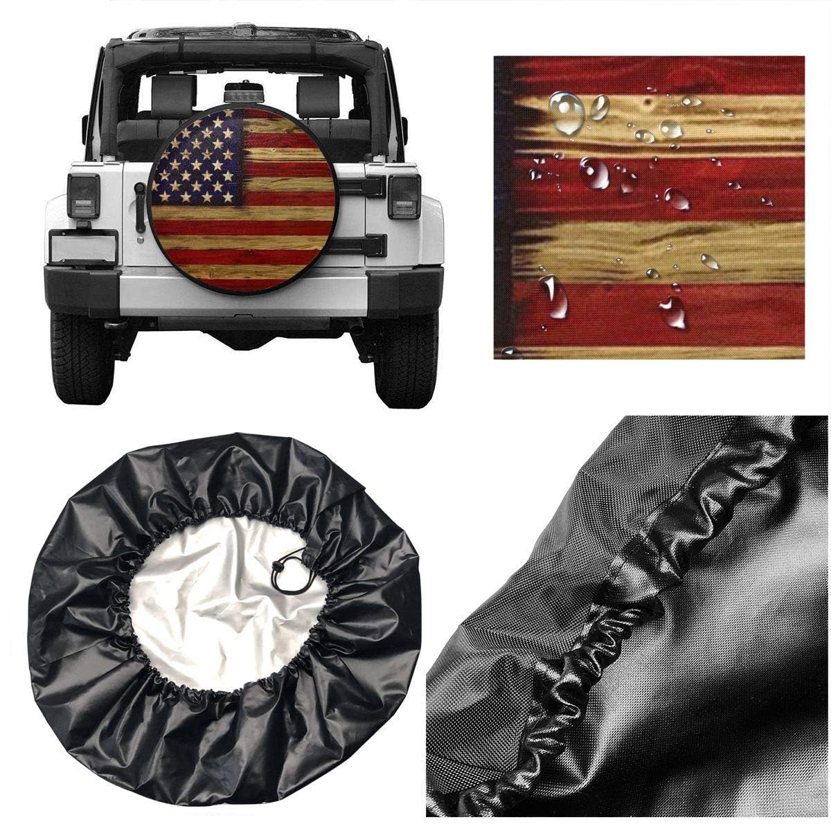 TianHeYue 15 Inch Tire Cover - American Flag Design, Reclaimed Wood, Potable Polyester for RV, SUV, Truck, Trailer Accessories, Black