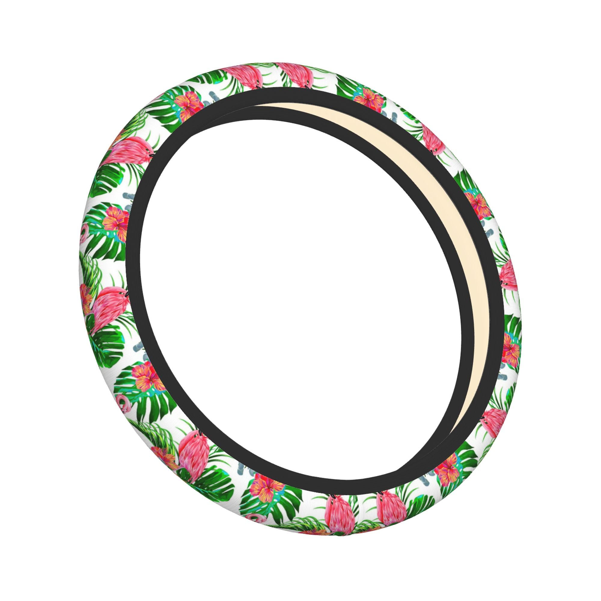 Pink Flamingo Tropical Palm Flower Leaves Steering Wheel Covers Non Slip Neoprene Steering Wheel Protector Cover Universal 15 In