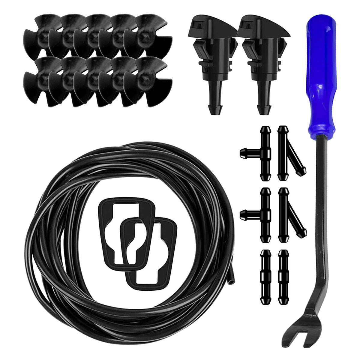 QKYS 22 PCS Car Windshield Washer Nozzle Hose Kit, 4M Washer Fluid Hose, 6 PCS Hose Connectors,2 Fan Nozzles & Gaskets, 10Pcs Ho