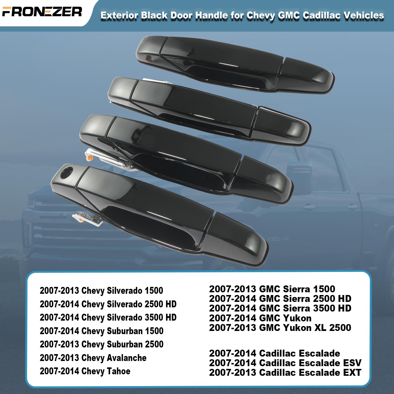 Fronezer Exterior Door Handle, 4Pcs Black Front Rear Driver Passenger Compatible With 2007-2014 Chevy Silverado Suburban Avalanche Tahoe, Gmc Sierra Yukon, Cadillac Escalade Replace 20828258 22738721