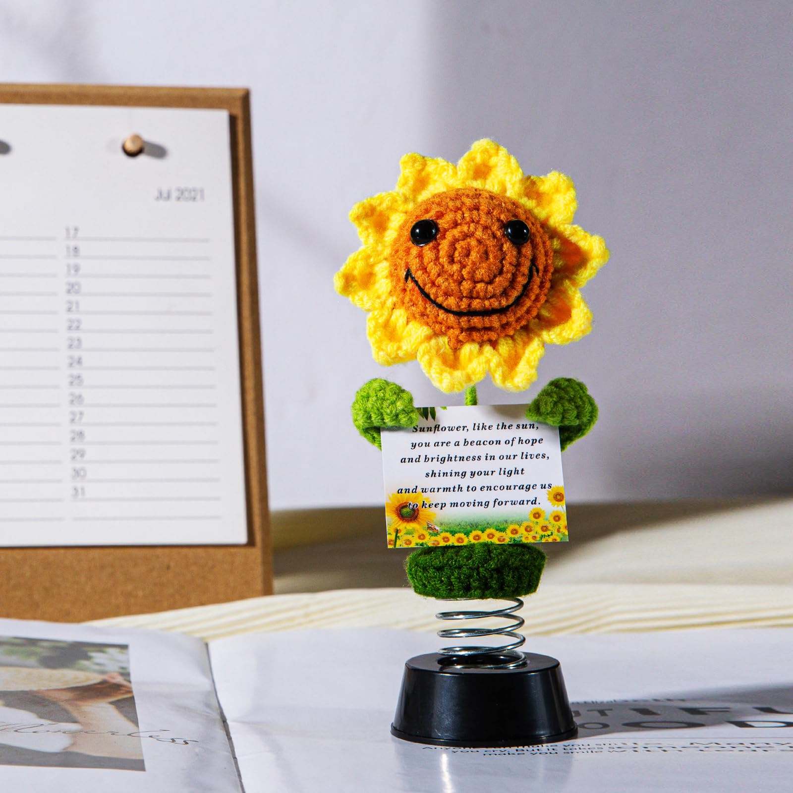 Levvohd Emotional Support Handmade Sunflowers For Women, Hippie Bobbleheads For Car Dashboard Crochet Positive Sunflowers Car Ac