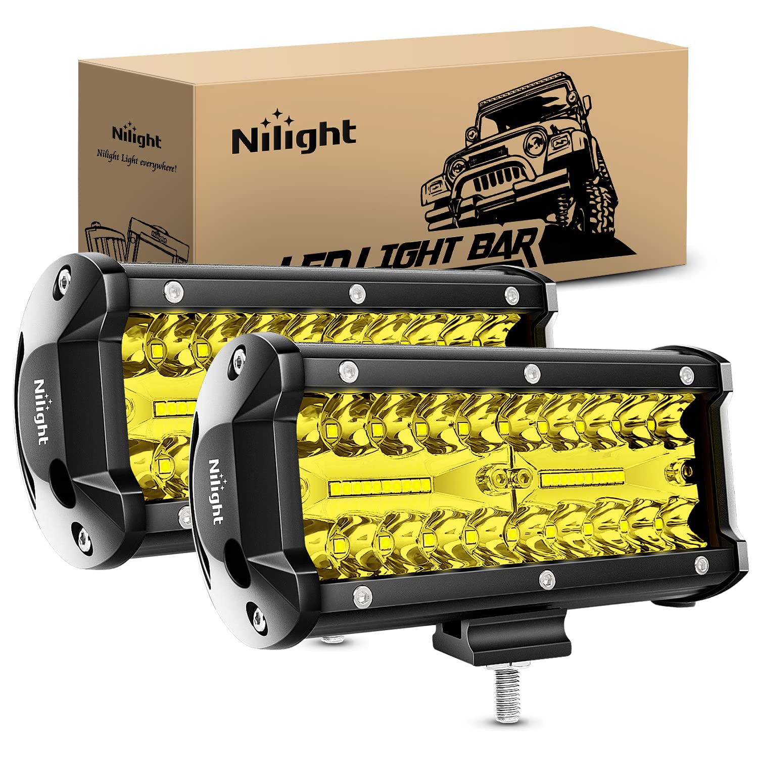 Nilight Led Pods 2Pcs 6.5 Inch 120W Yellow Flood Spot Combo Triple Row Driving Lamp Roof Bumper Off Road Led Work Lights Bar For