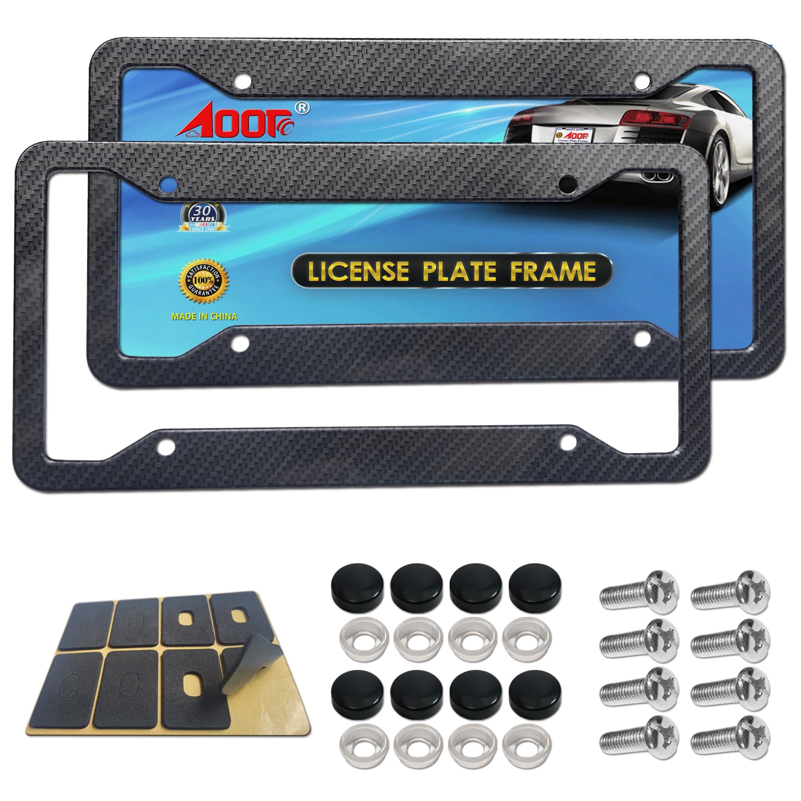 Aootf Carbon Fiber License Plate Frames-Metal Aluminum Plate Frames Front & Rear 2Pcs 4 Holes Black Car Tag Covers Holders With Stainless Steel Screw Caps