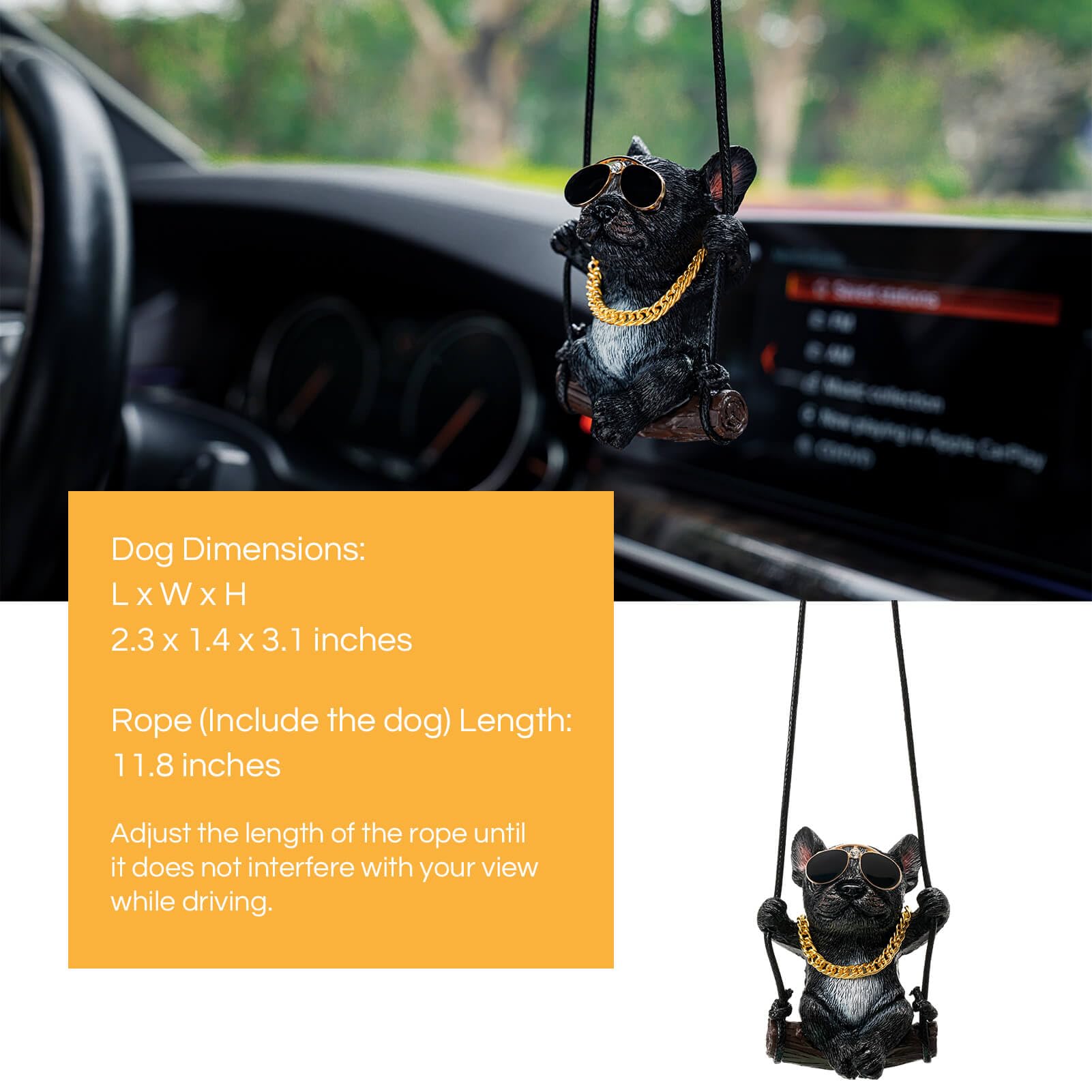 Floruit French Bulldog Car Mirror Hanging Accessories Cute Swinging Dog Rear View Mirror Accessories For Men & Women (Black)