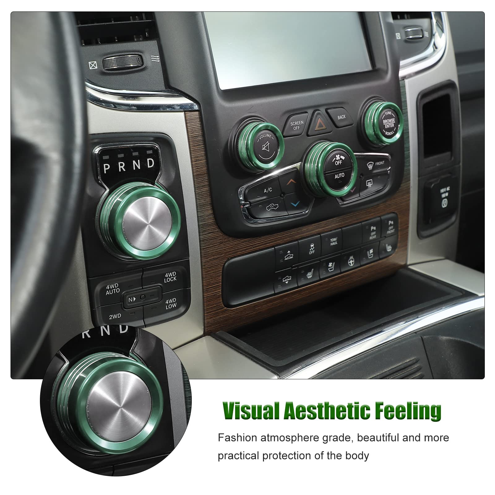 Voodonala for Dodge RAM Air Conditioner Headlight Switch CD Knob Trim for 2013-2017 Dodge RAM Aluminum 5pcs Green