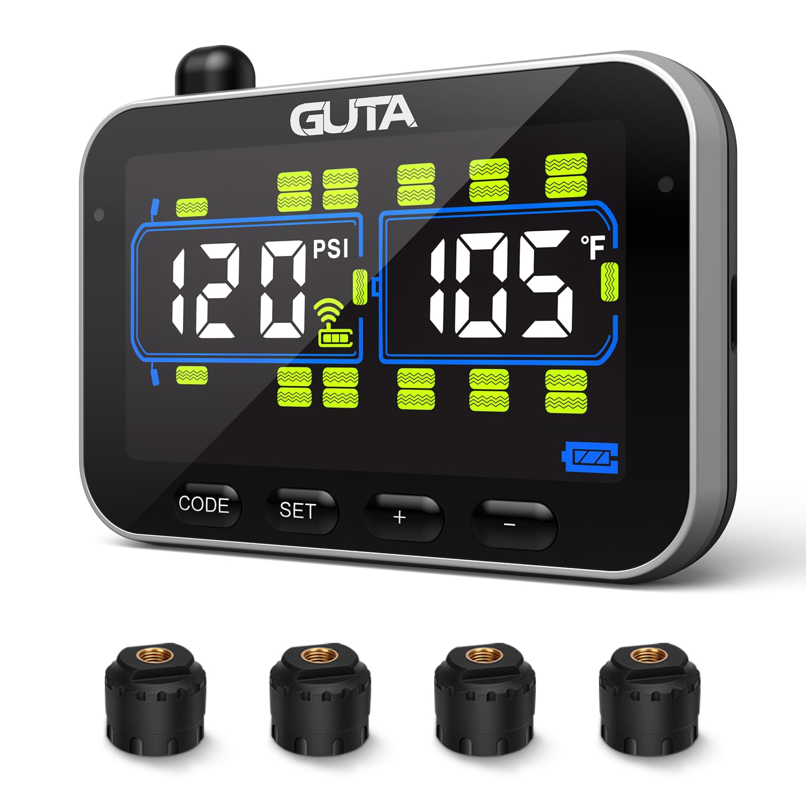 GUTA Trailer Tire Pressure Monitoring System, RV Tire Pressure Monitor with 4 Sensors, 6 Alert Modes, Power Saving Mode, Large C