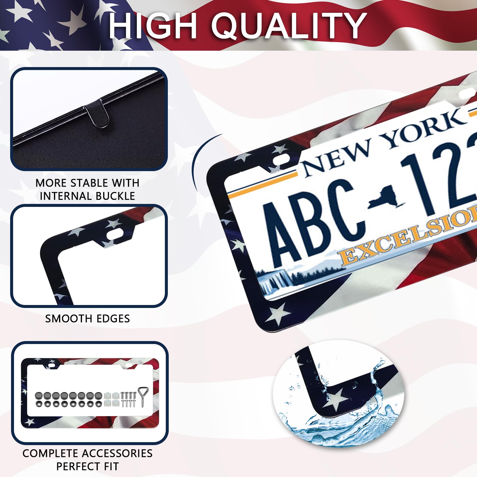 Patriotic American Flag License Plate Frame Holder - 2 Pack Universal Quality Metal Aluminum Matte Stripe Us Flag Gloss Car Plat