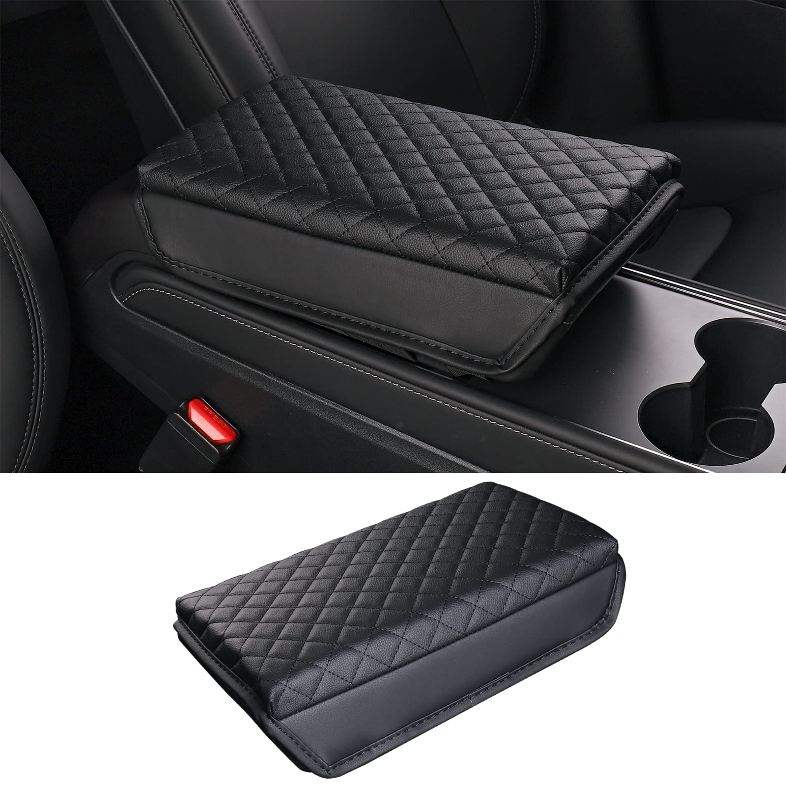 Carwiner Center Console Cover For Tesla Model 3 Model Y, Pu Leather Armrest Box Cushion Protector Accessories