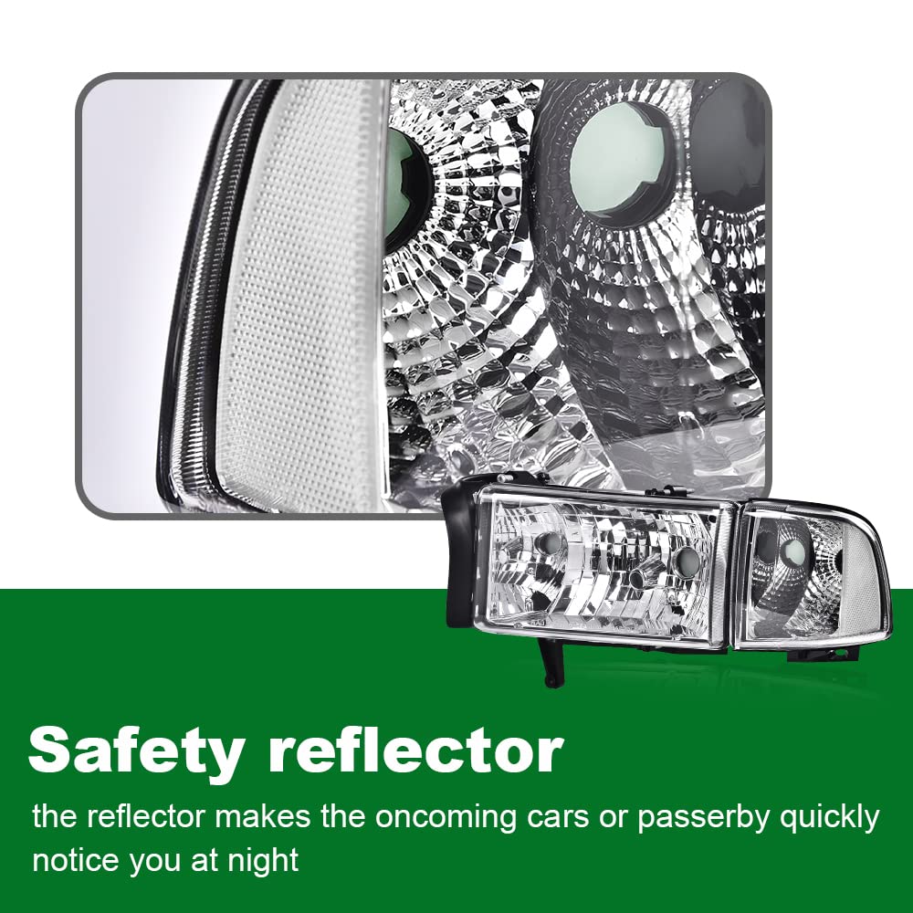 Grand Orange Headlights, Compatible With Dodge Ram 1500 2500 3500 1994 1995 1996 1997 1998 1999 2000 2001 2002 Clear Lens Chrome Housing Clear Reflector