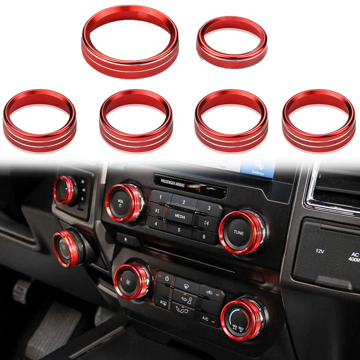 F150 XLT 4WD & Trailer Engine Knob AC VOL Air Conditioner Switch Cover Audio Trim Ring Center Console Knob Compatible for Ford F