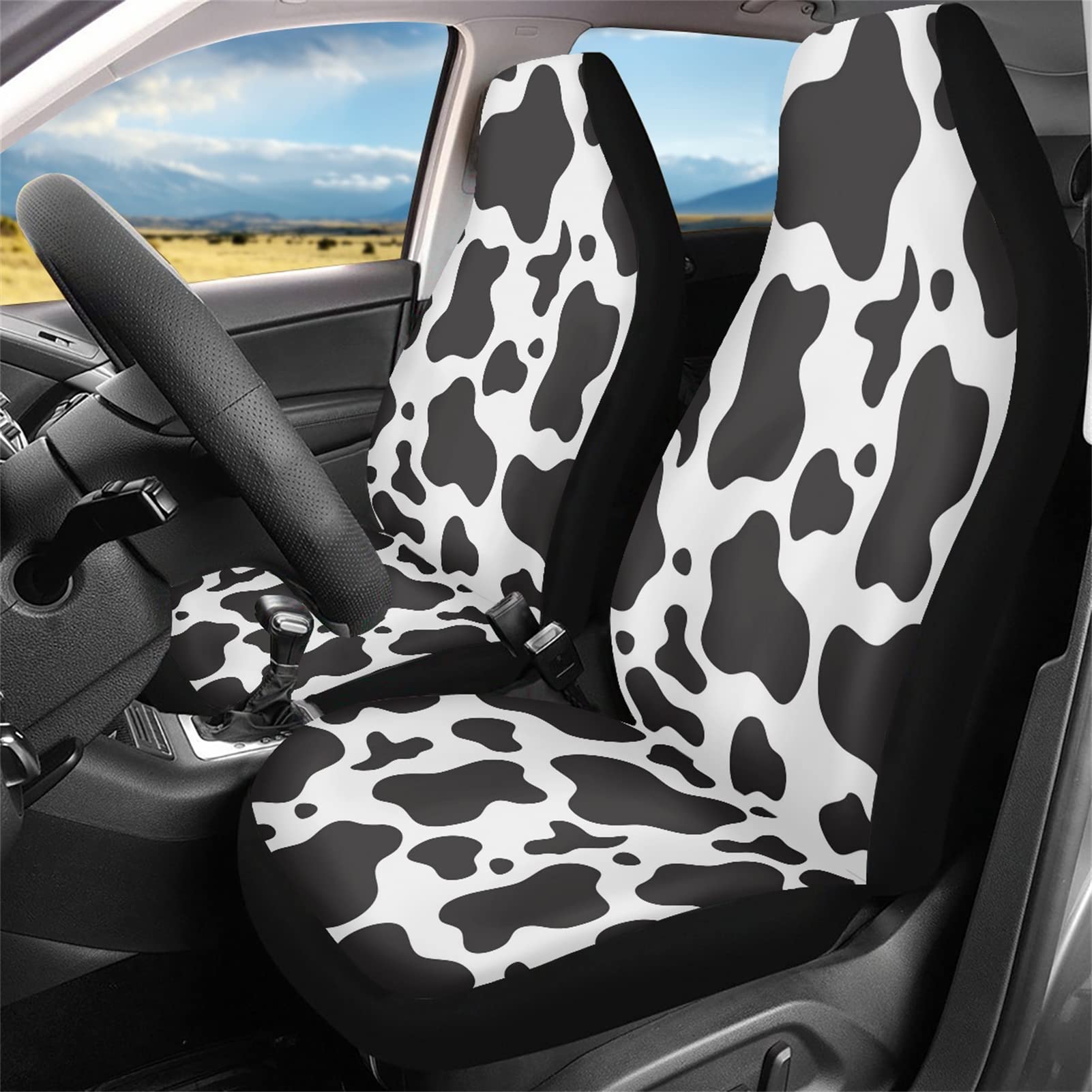 Dreaweet 2 Pcs Cute Cow Print Car Front Seat Covers,Cute Cow Pattern Auto Bucket Seats Protector Fit for SUV/Trucks/Sedans