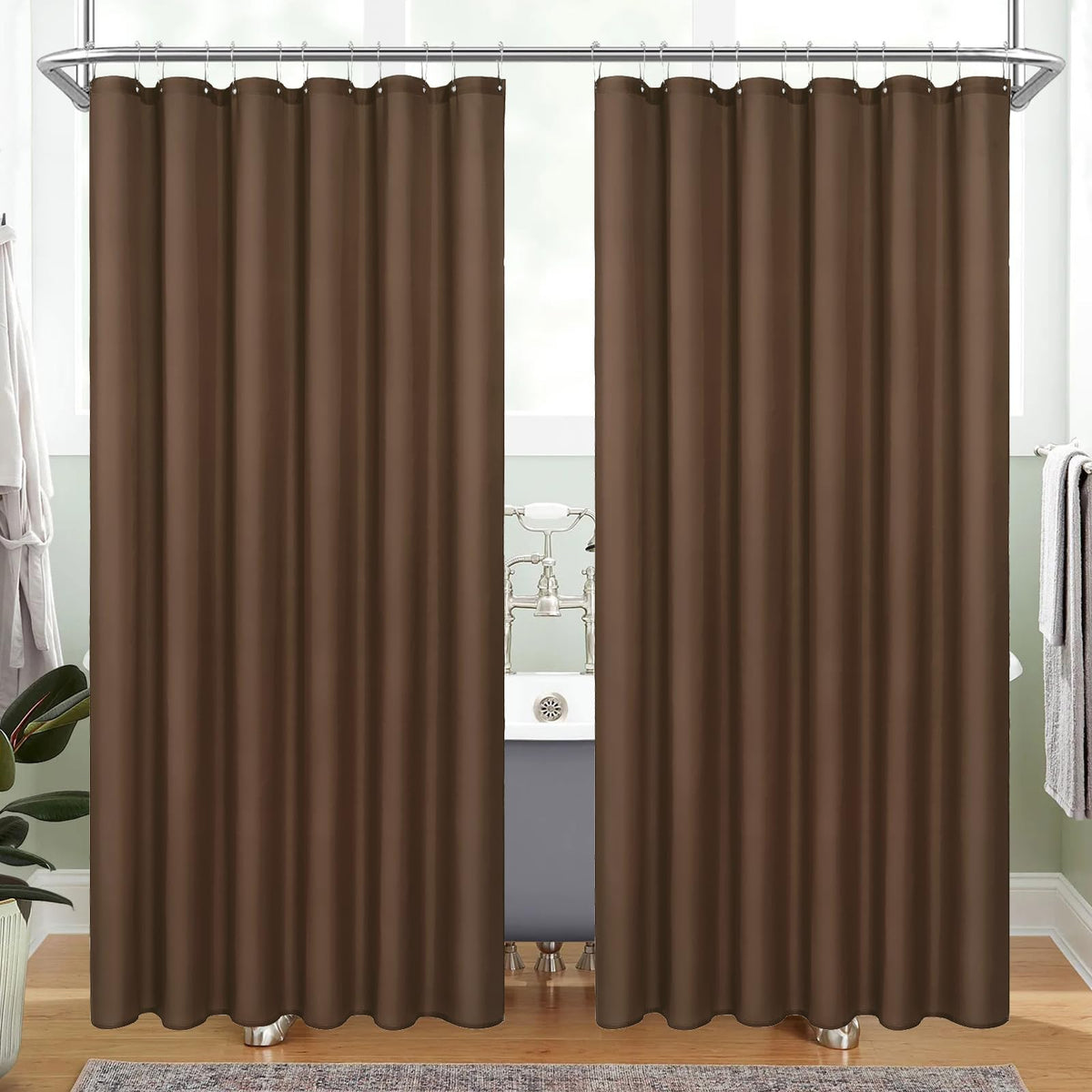 Mitovilla 2 Pack Brown Fabric Shower Curtain Liner - 72' W X 72' H, Simple Shower Curtain Or Liner For Modern Neutral Hotel Bathroom Decor, Waterproof Cloth & Machine Washable, 24 Plastic Hooks