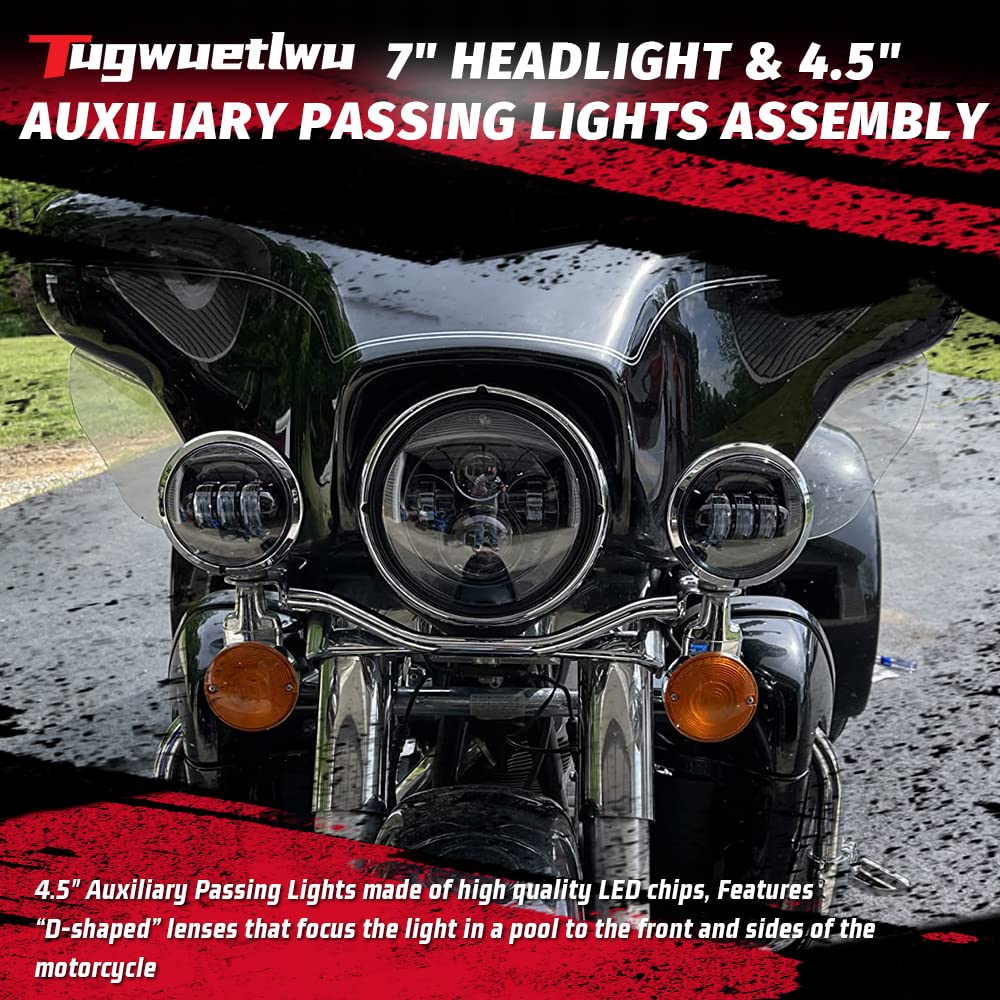 Tugwuetlwu 7'' Led Headlight 4.5'' Auxiliary Fog Lights Kit Compatible With Harley Davidson Road King Electra Glide Heritage Sof