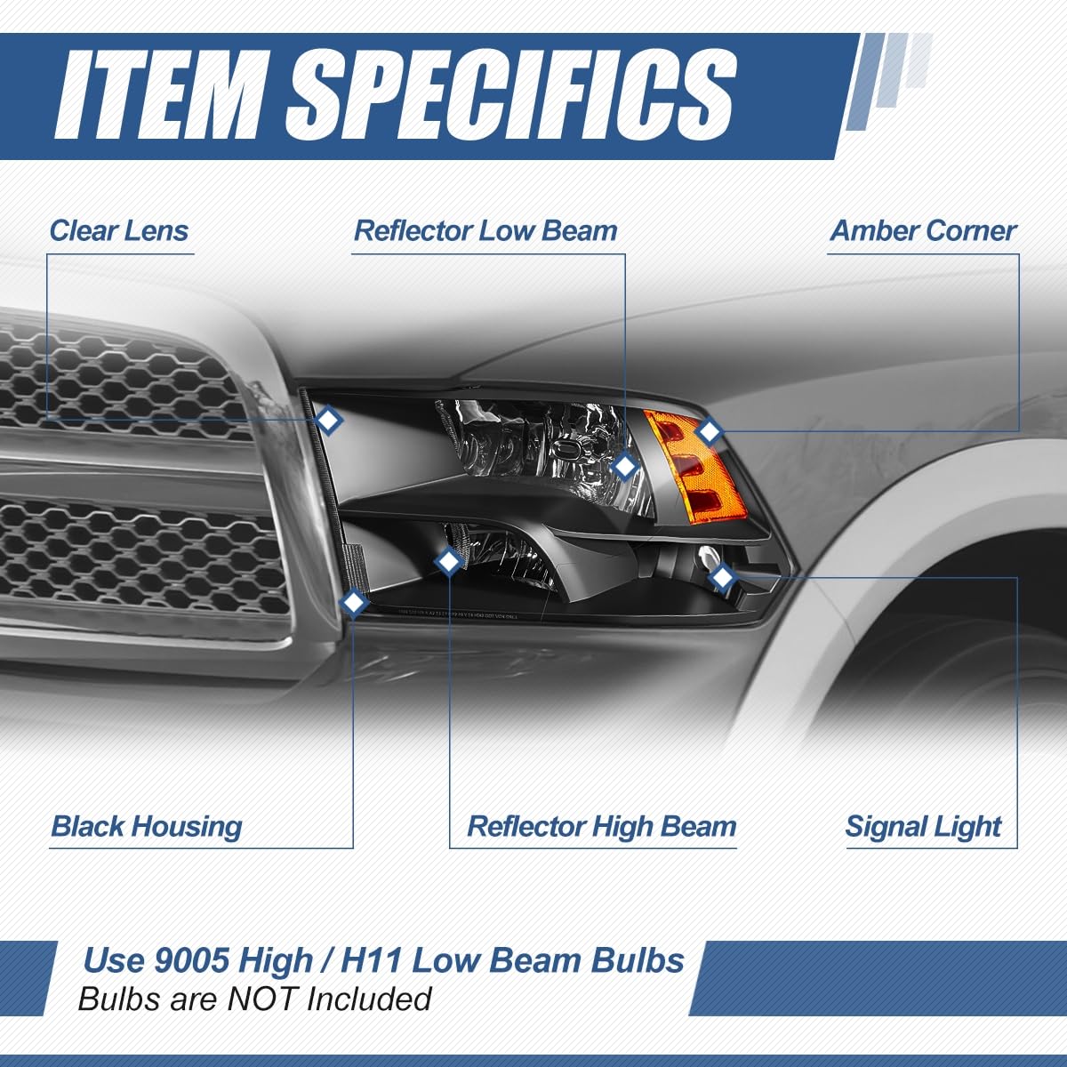 Auto Dynasty Quad Headlights Assembly Compatible With 2009-2010 Dodge Ram 1500-3500 New Body, 2011-2018 Ram 1500-5500, Halogen H