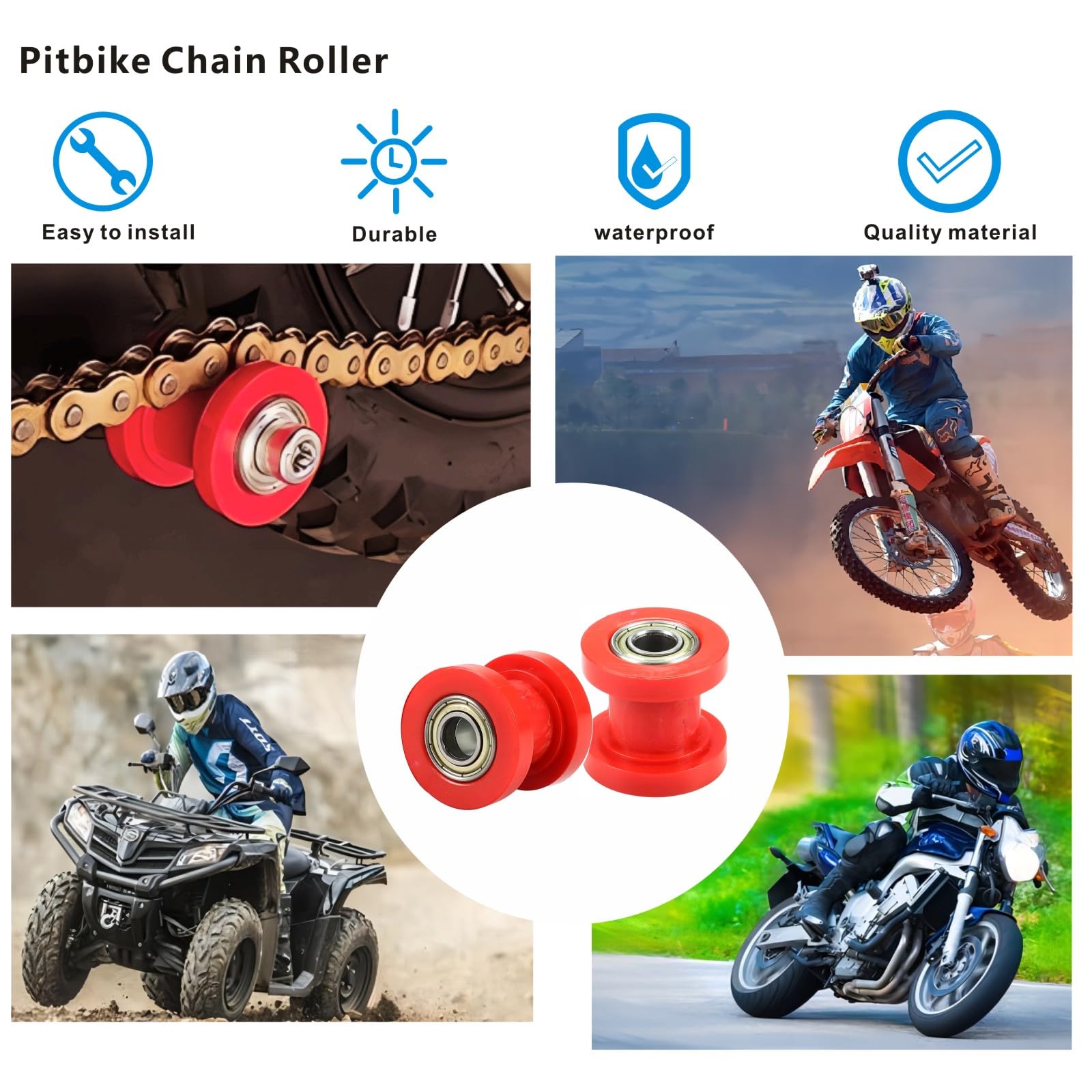 Kosida Upgrade 8Mm & 10Mm Chain Roller Tensioner Chain Roller Pulley Tensioner Wheel Guide Per For Motorcycle Mini Bike Xr125 Ssrc Rf50 Atv 125Cc 140Cc 160Cc Pit Dirt Bike (8Mm + 10Mm (Red))