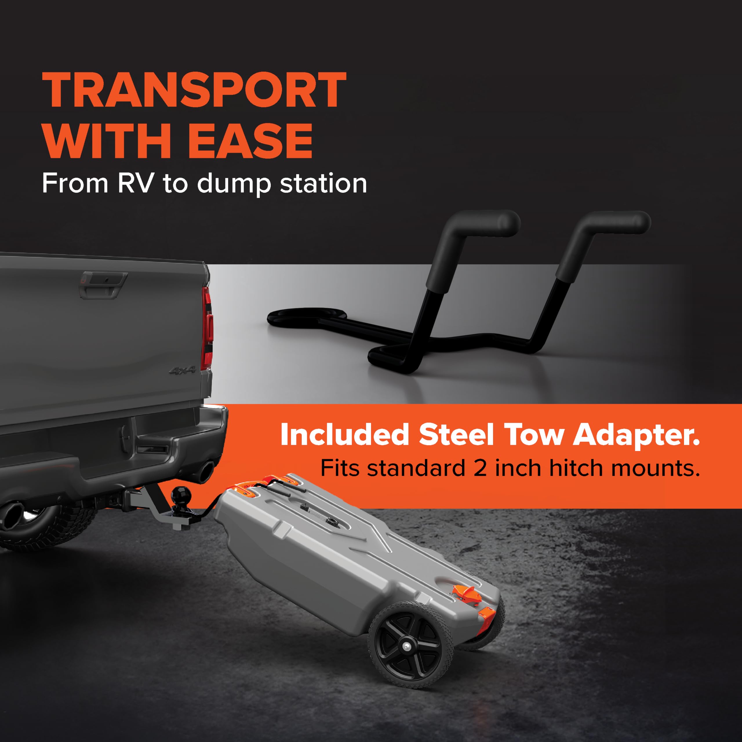 Camco Rhino 15-Gallon Portable Camper / RV Tote Tank - Features Large Heavy-Duty No-Flat Wheels & Low Drain Hole - Includes Remo