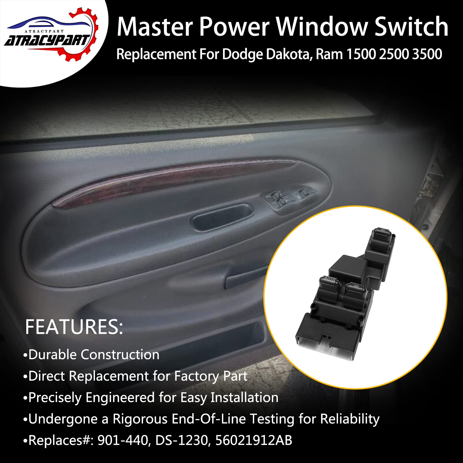 Master Power Window Switch Left Driver Side Lh | 4 Pins + 6 Pins Check Required | Replacement For 1999 - 2002 Dodge Dakota, Ram 1500 2500 3500 | Replaces# 901-440, Ds-1230, 56021912Ab