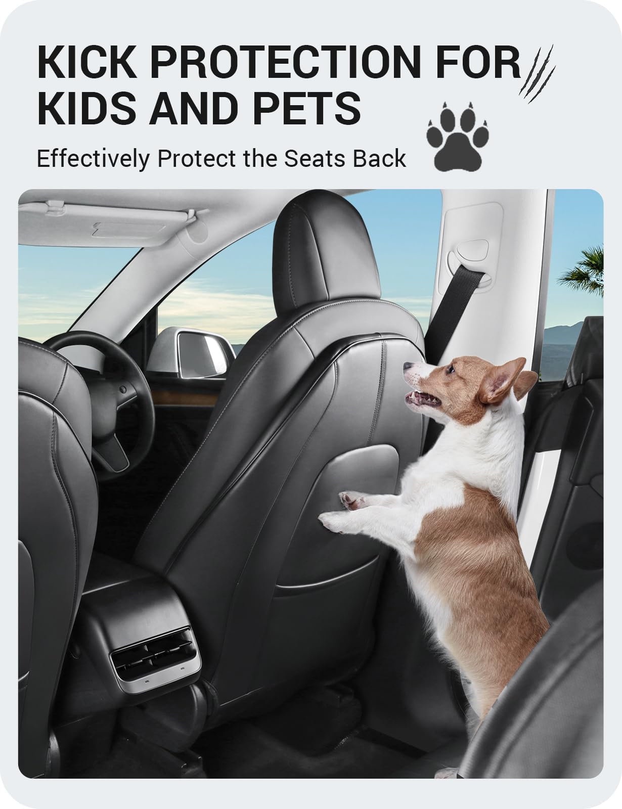 Basenor 2025 Upgraded Tesla Model 3/Y/S/X Leather Seat Back Kick Protector, Backseat Mats For Kids - Extra Organizer Pocket, Wat