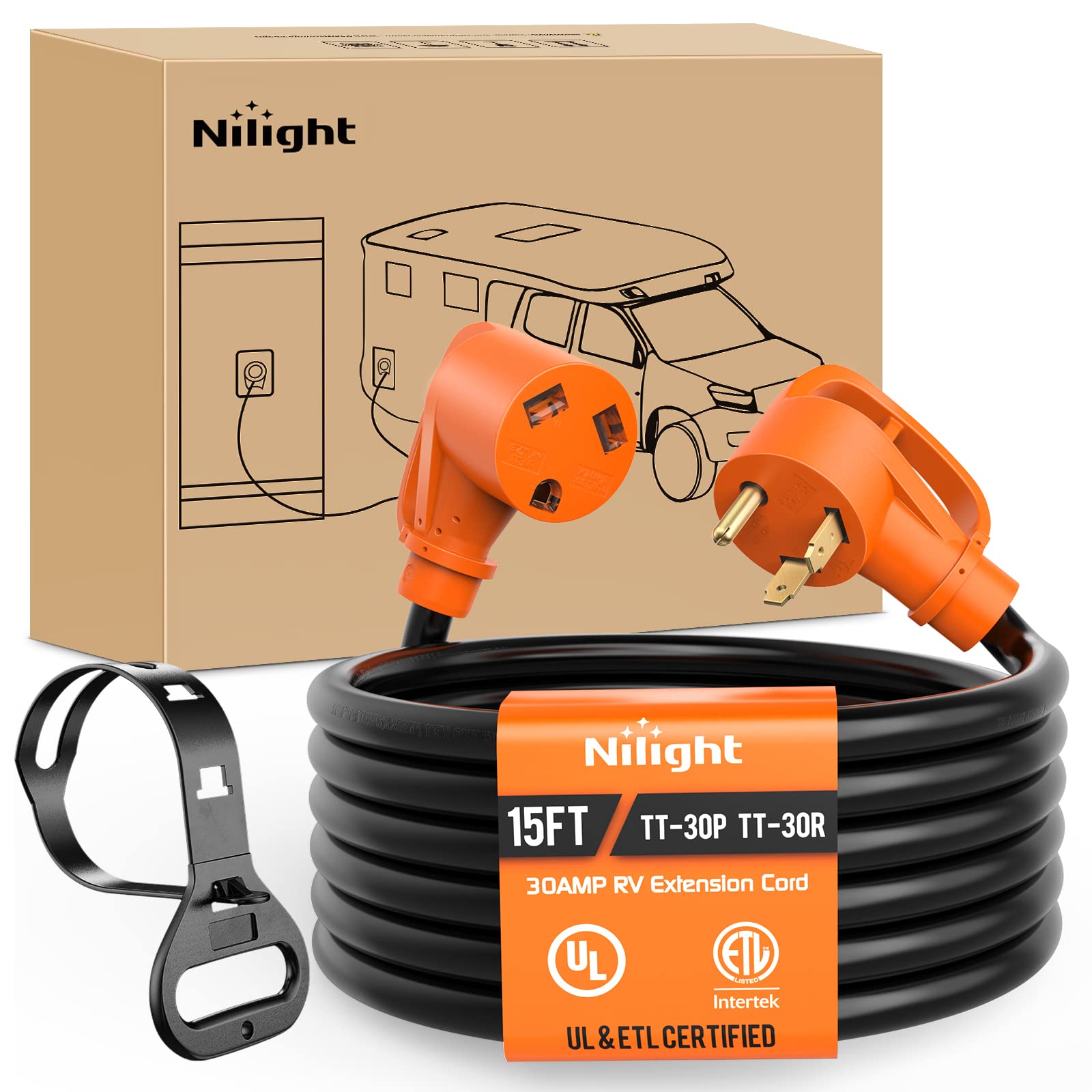 Nilight 30 Amp 15Ft Rv Extension Cord 125V Heavy Duty 10 Gauge Pure Copper Stw Wire Ul Etl Listed 3 Prong Tt-30P Tt-30R 30F/30M