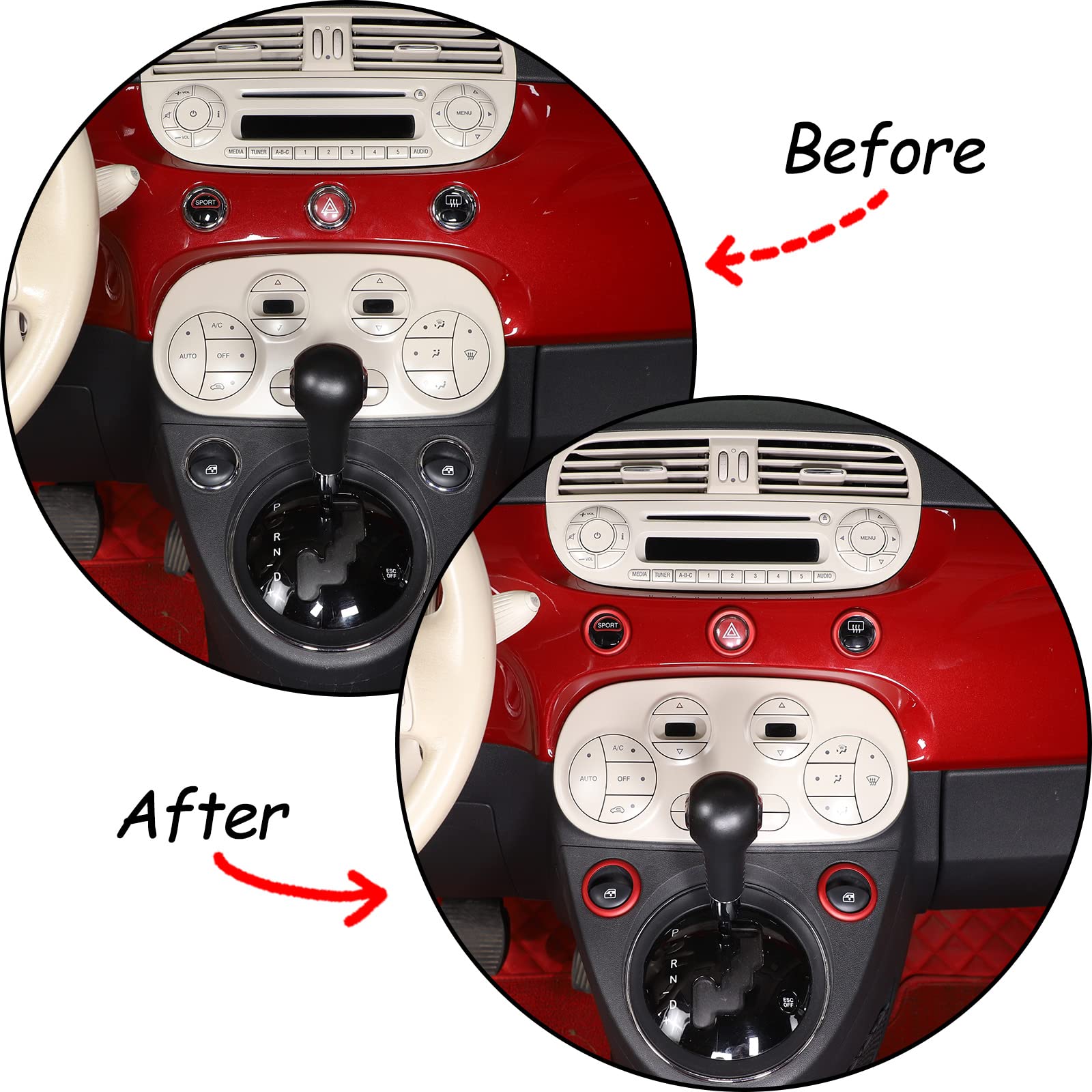 Car Aluminum Alloy Central Control Double Flashing Window Switch Lift Decorative Circle Fit For Fiat 500 Abarth 595 695 2010-2024 (Red)