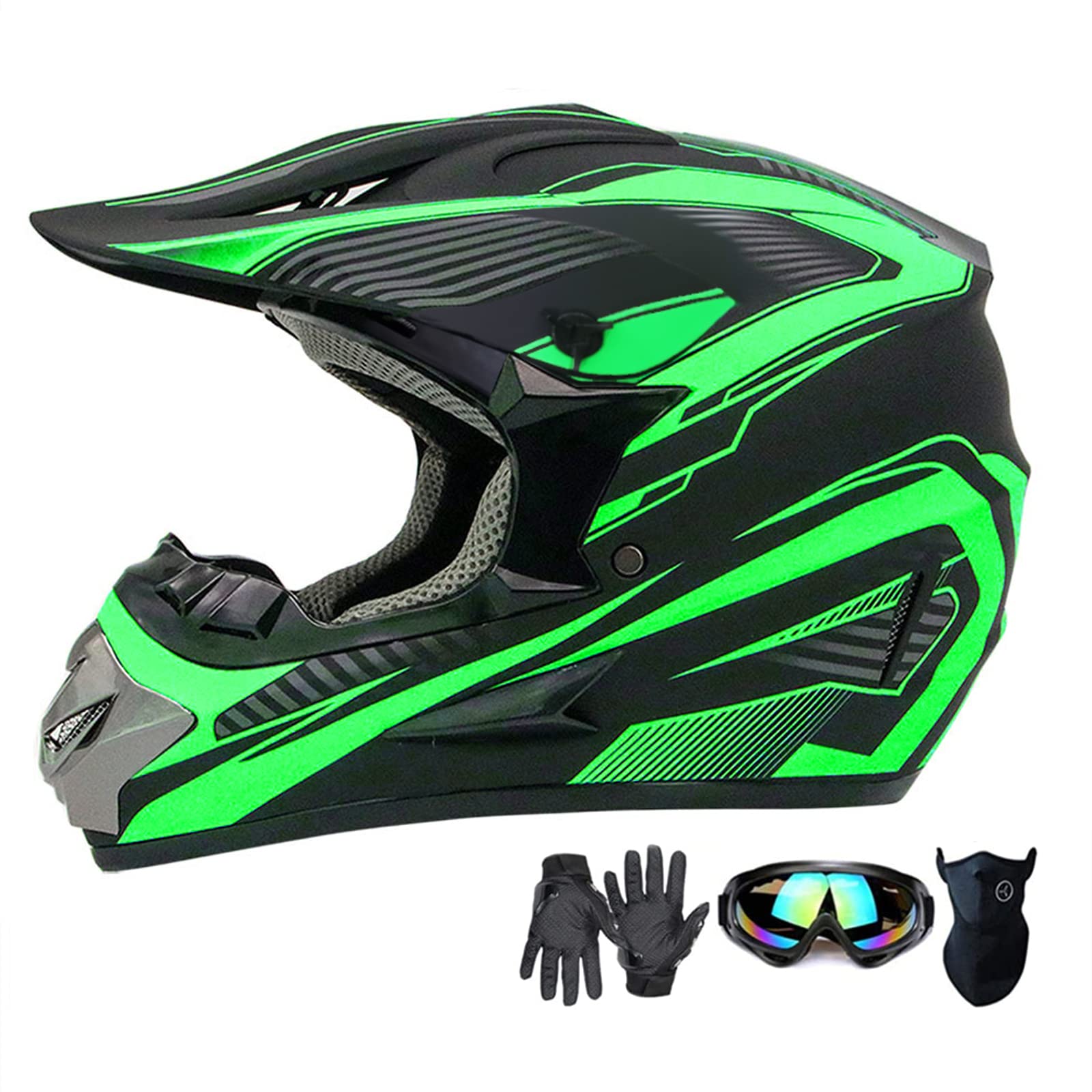 Motocross Helmet,Adult &Youth Trend Full Face Helmet,Atv Motorcycle Helmet,Dirt Bike Downhill Off-Road Mountain Bike Helmet,Dot Certified,4-Piece Set (Green, Xl)