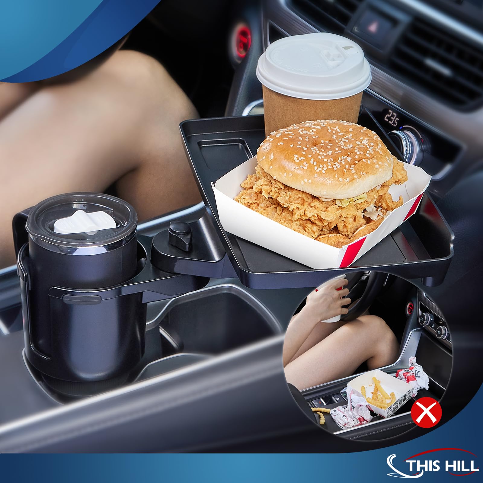 This Hill Cup Holder Tray for Car, 2 in 1 Detachable Car Food Table Tray with Solid Base & Phone Slot,Car Cup Holder Expander wi