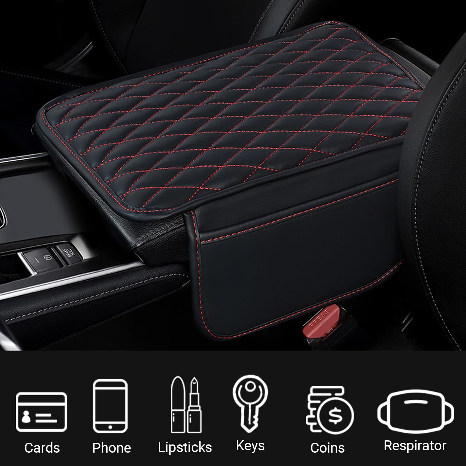 YYTQP Car Center Console Cover, Leather Armrest Seat Box Cover with 2 Storage Bags, Universal Car Armrest Seat Box Pad Car Decor
