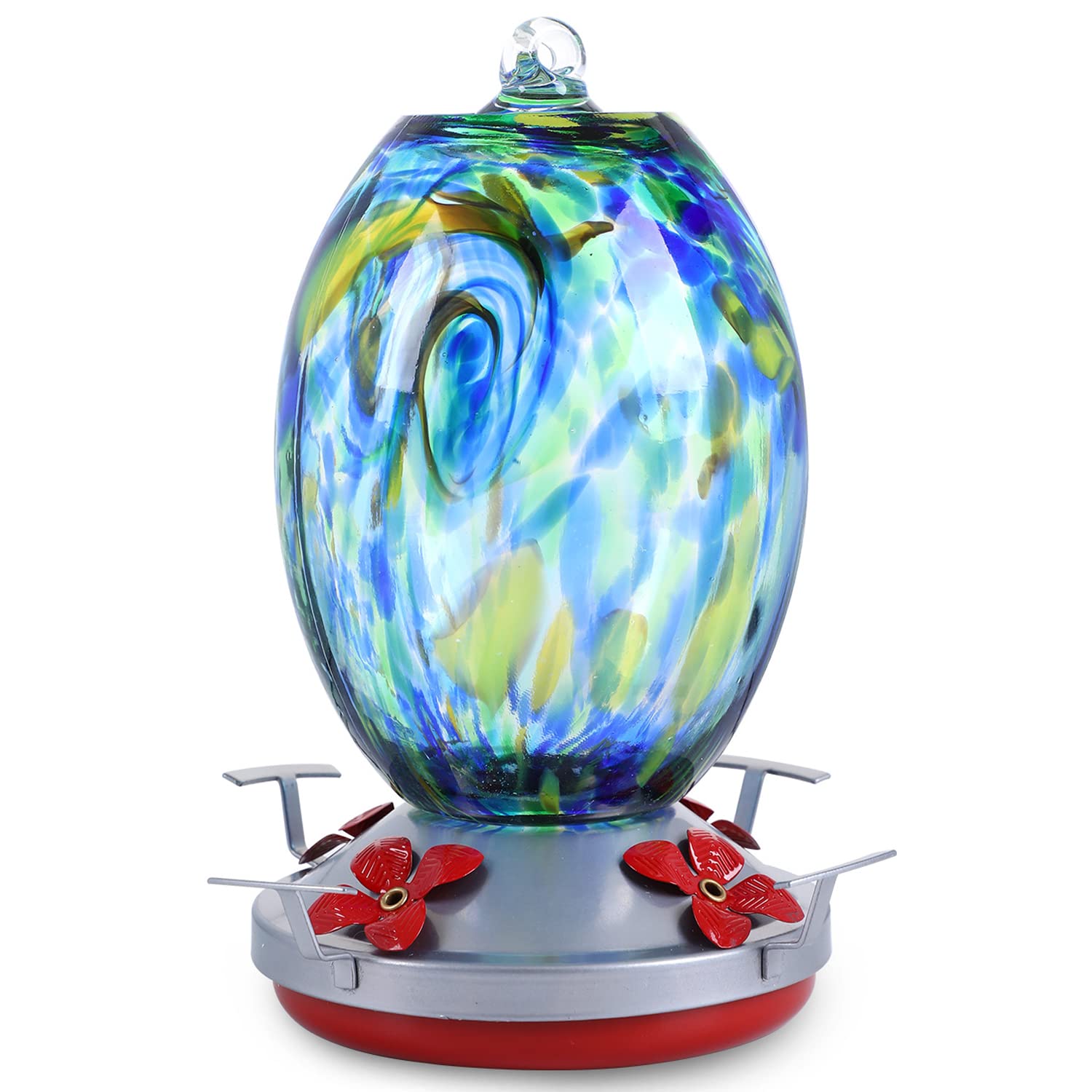 Jalamwang Hummingbird Feeder For Outdoors Hanging, 25 Ounces, Hand Blown Glass, Leak Proof Rustproof, Containing Ant Moat, For A