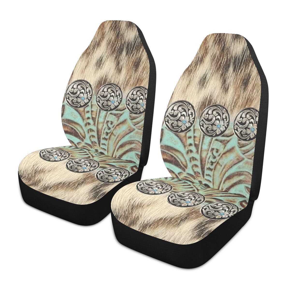 LONSANT Western Car Seat Covers Set of 2,Rustic Brown Beige Teal Western Country Cowboy Tooled Leather Universal Auto Front Seat