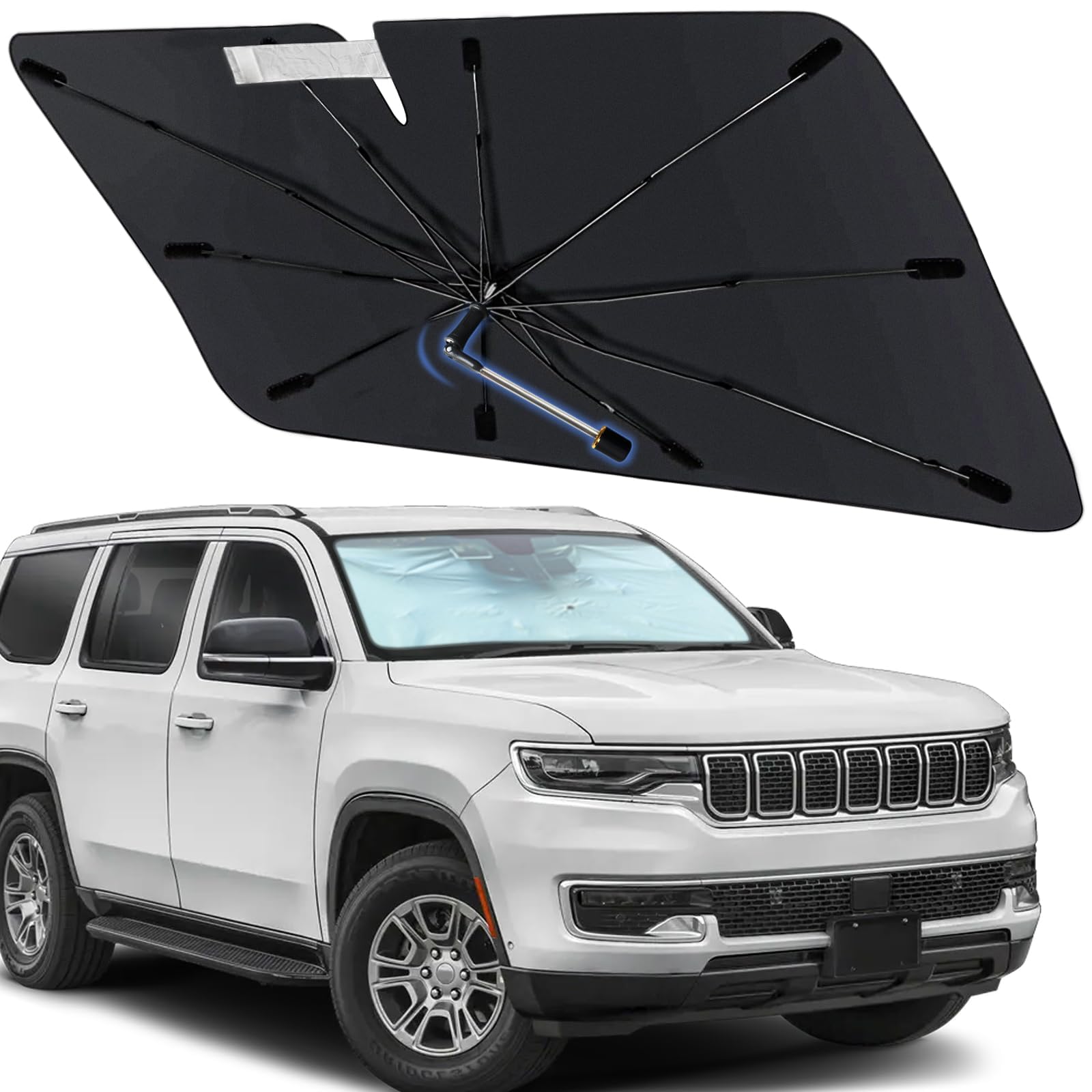 Windshield Sun Shade Umbrella for Jeep Wagoneer 2022-2025, Foldable Front Window Sunshade with 360 Rotating Shaft, Custom Fit Ca