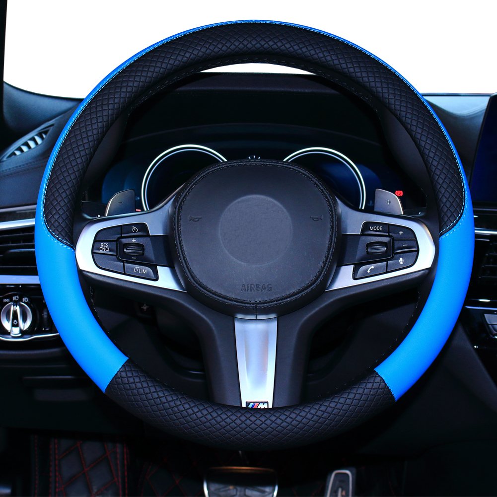 Shiawasena Car Steering Wheel Cover, Leather, Universal 15 Inch Fit , Anti-Slip & Odor-Free (Black&Blue)