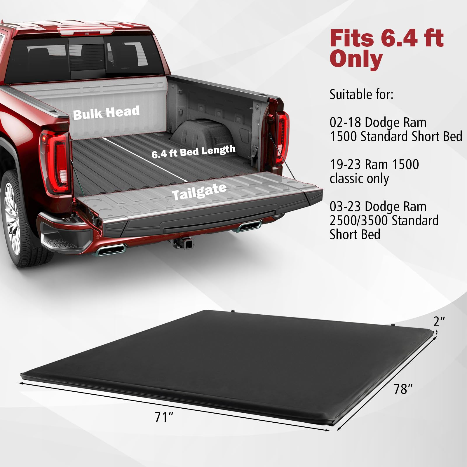 Ironmax Truck Bed Cover, Soft Roll-Up Truck Tonneau Cover Compatible With 2019-2023 Ram 1500 Classic, 2002-2018 Dodge Ram 1500 & 2003-2023 Dodge Ram 2500/3500, Fleetside 6.4 Feet Bed