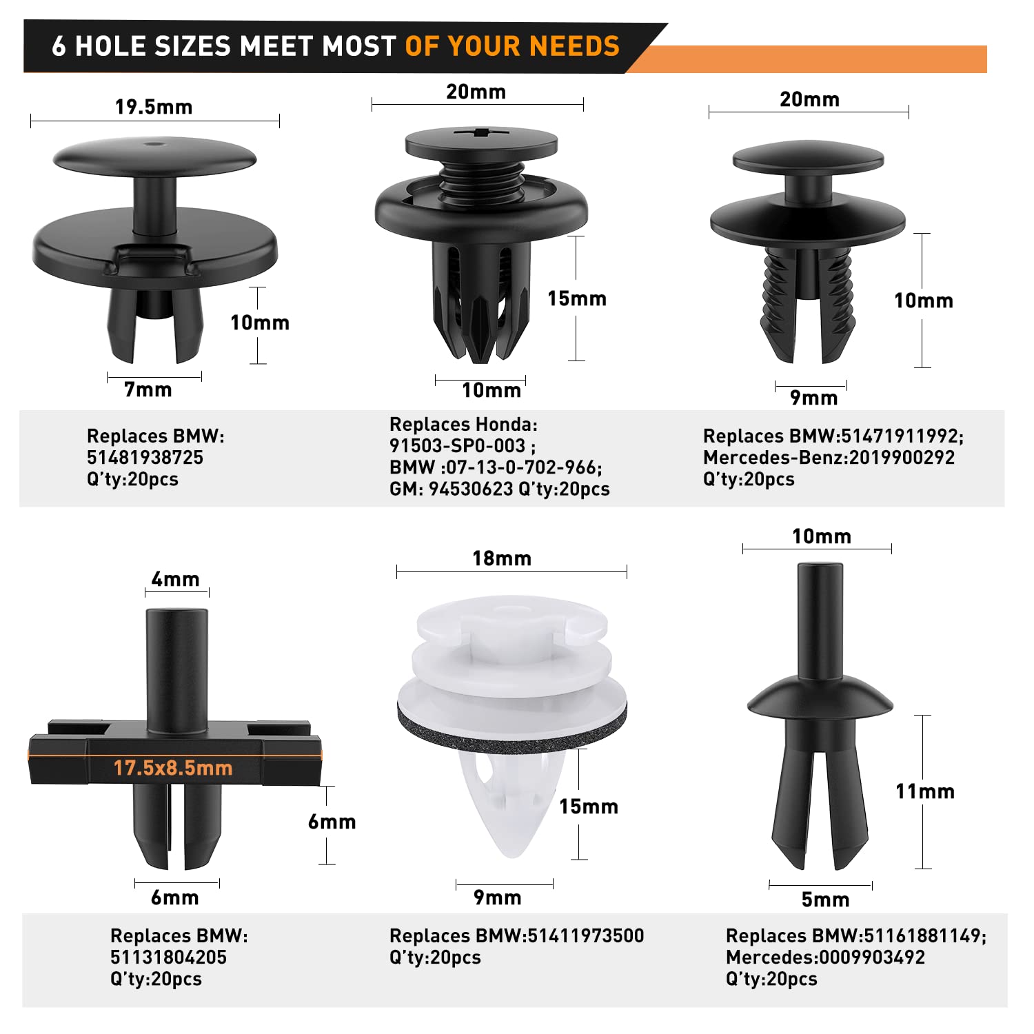 Gooacc 120Pcs Car Bumper Retainer Clips & Nylon Fasteners Rivet Kit 5Mm 6Mm 7Mm 9Mm 10Mm For Bumper Fender Hood Trunk Septum Windshield Lower Air Duct Front Seat Upholstery, With 1Pc Fastener Remover