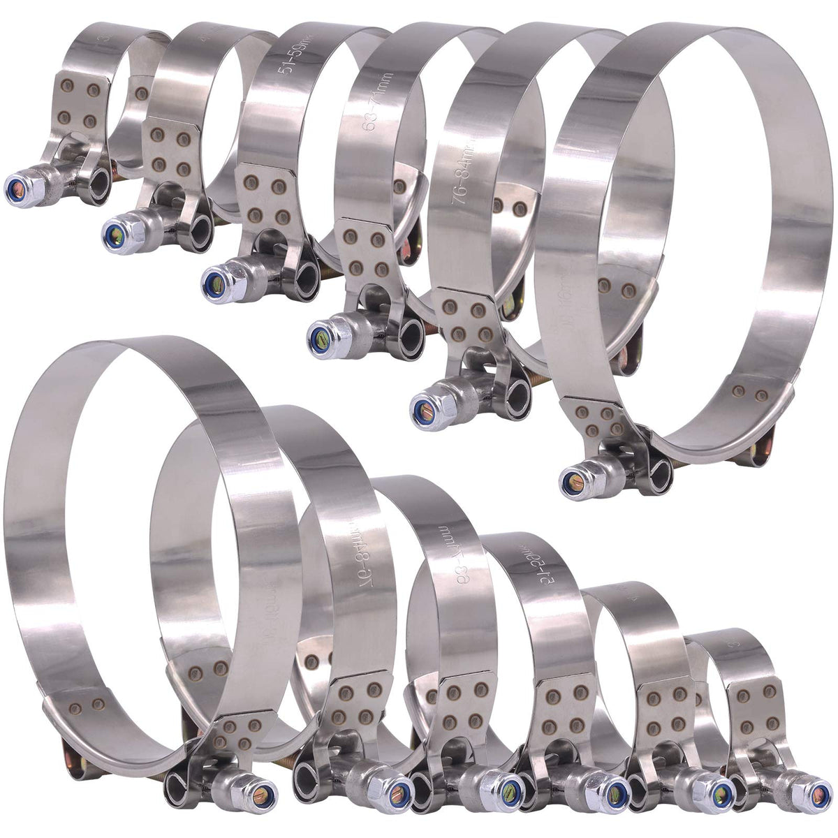 Glarks 12Pcs 6 Sizes 32-116Mm Stainless Steel T-Bolt Hose Clamps Turbo Intake Soft Hose Intercooler Clamps Assortment Set