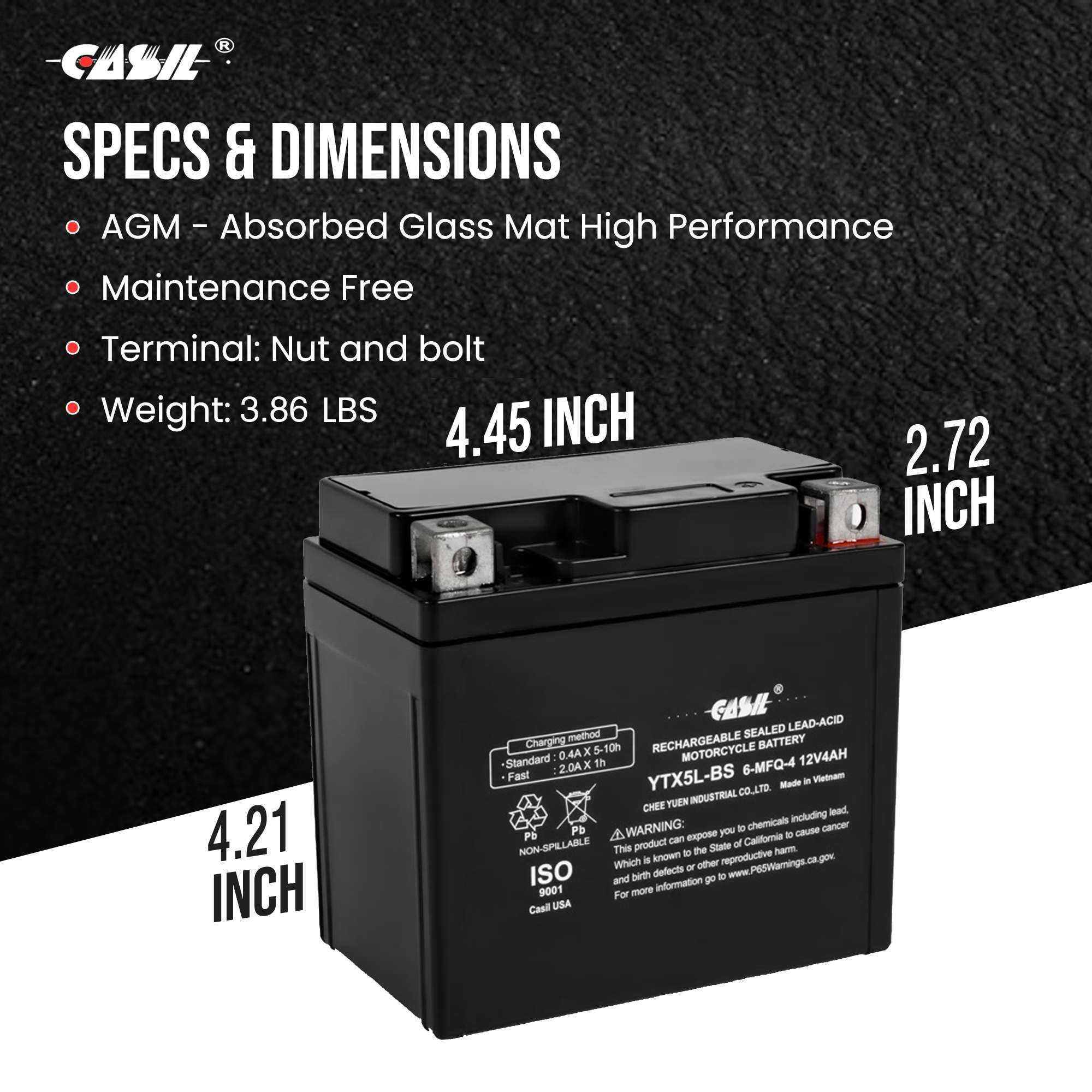 Casil Ytx5L-Bs - 12V 4Ah 80 Cca - Sla Power Sport Battery - Casil Battery