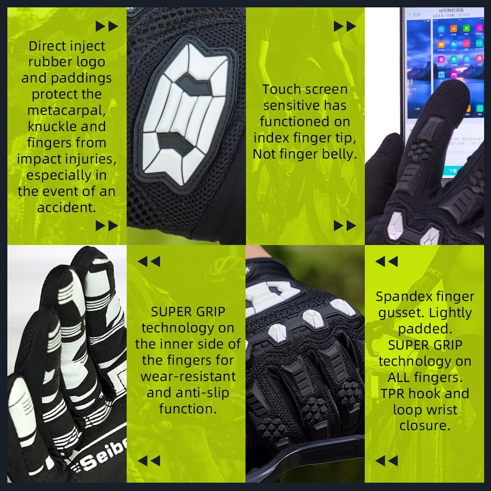 Seibertron Dirtpaw Full Finger Gloves - Black, L Adult - Spandex, Touch Recognition, BMX MX ATV MTB Motocross Sports