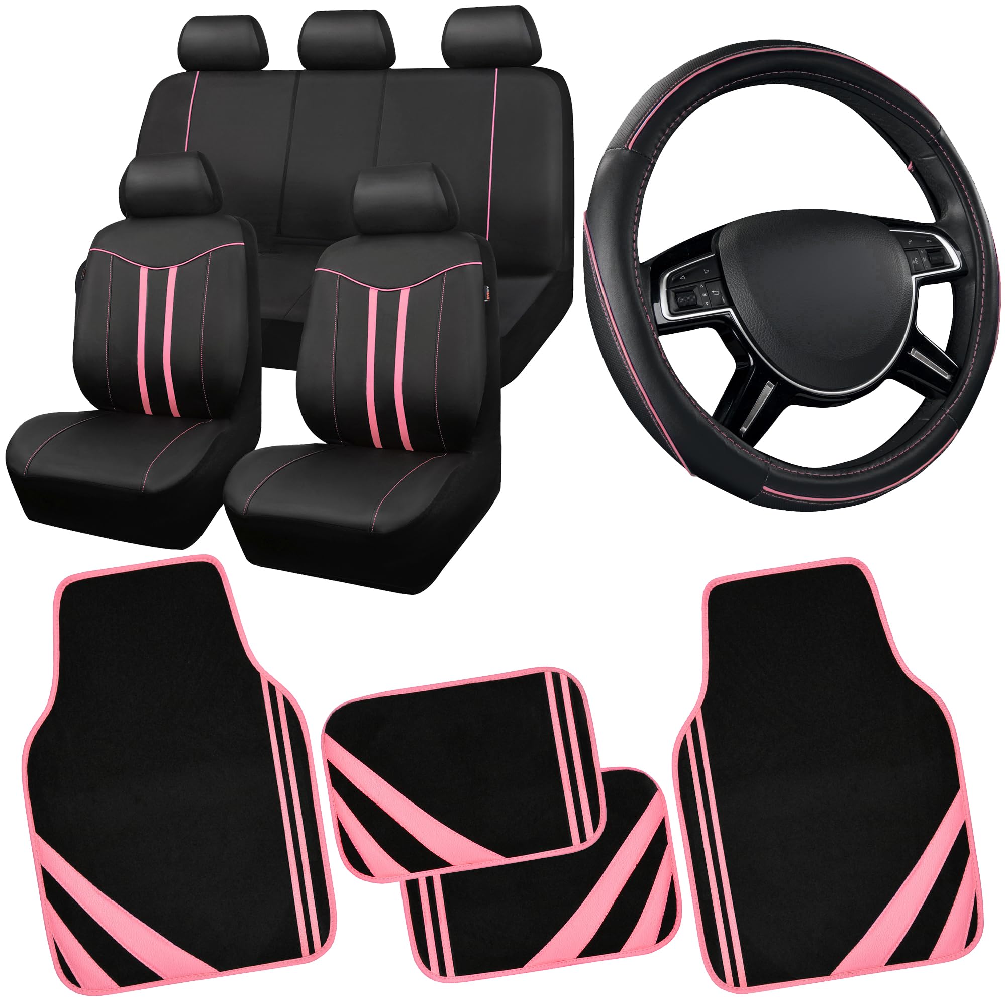 Car Pass Car Seat Covers Full Set For Women Girls With Waterproof Car Floor Mats,Anti-Slip Leather Steering Wheel Cover,Universa