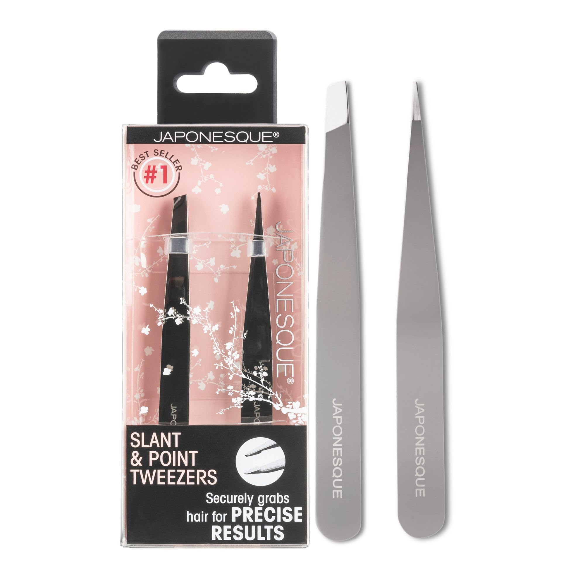 JAPONESQUE Slant and Point Tweezers Set  for Defining and Shaping Brows  Made with Hand-Sharpened Stainless  Ideal for Travel-New