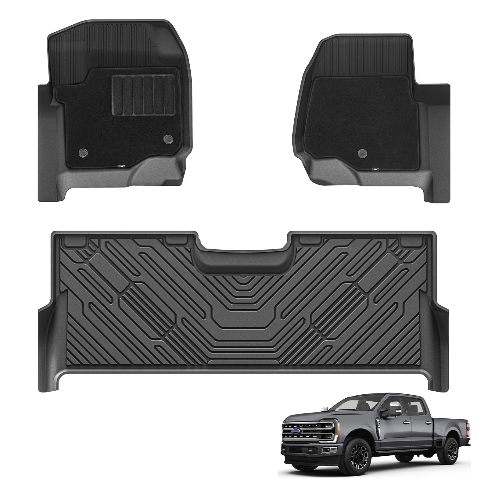 3W Floor Mats & Front Carpet For Ford Super Duty F-250 & F-350 & F-450 & F-550 (2017-2024 Crew Cab), All-Weather Storage Tpe 1St