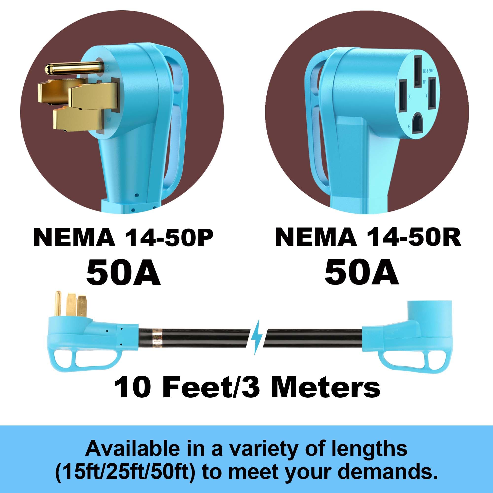 Circlecord Ul Listed 50 Amp 10 Feet Rv/Ev Extension Cord, Heavy Duty 6/3+8/1 Gauge Stw Wire, Nema 14-50P/R Suit For Tesla Model